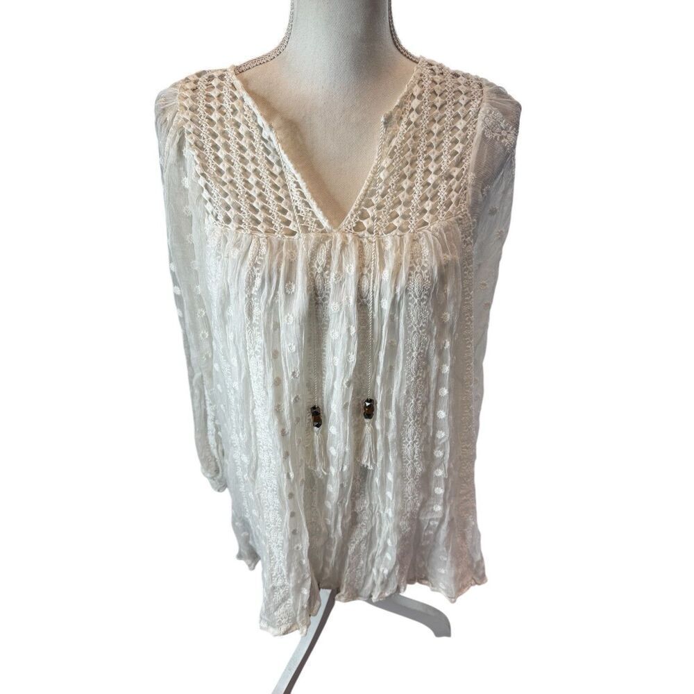 House of Harlow 1960 White Eyelet Boho Knit Mini Dress Long Sleeve V- Neck Sz M